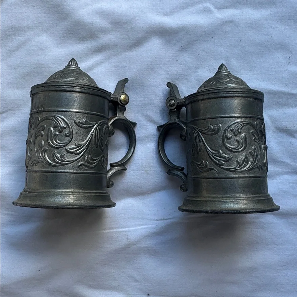 Vintage Miniature Pewter Steins Set of 2 95% SKS ZINN Lidded Beer Mugs 2.5